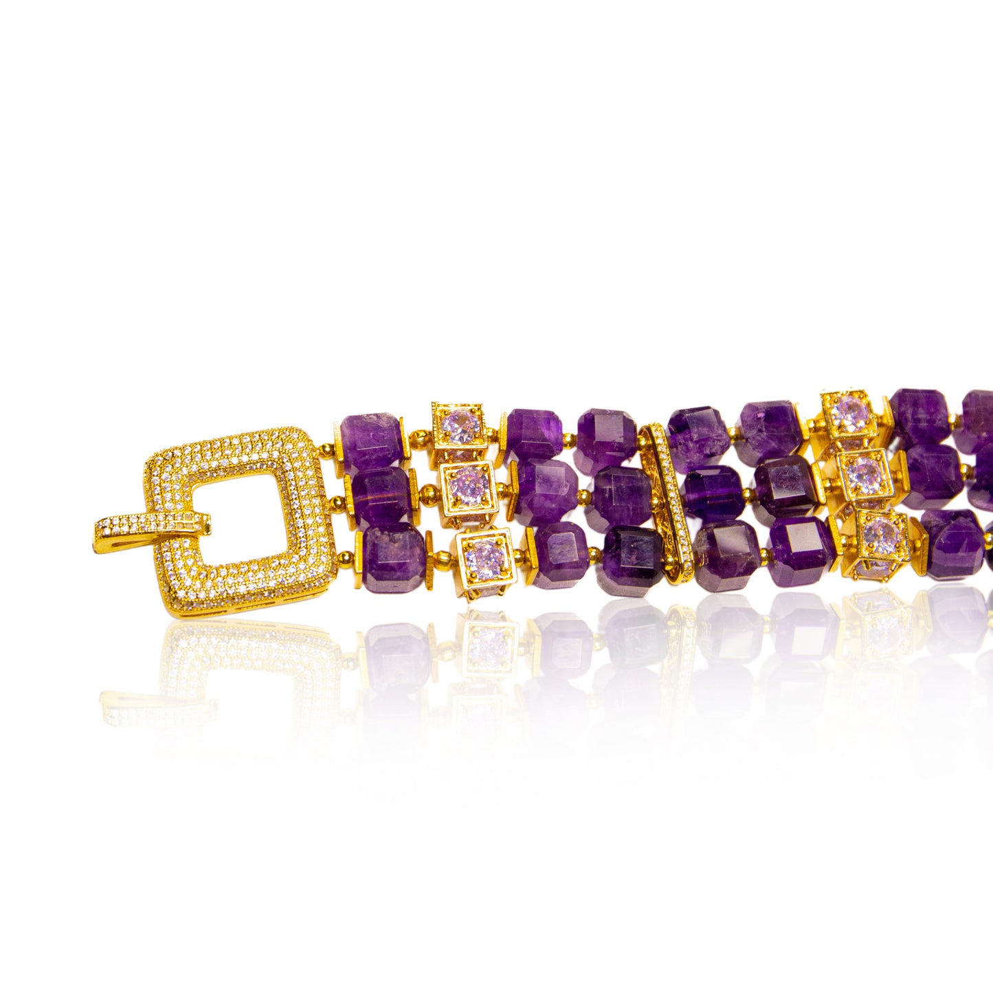 Pulsera triple “Imperial Amethyst” — amatista, circonias, baño en oro 18K
