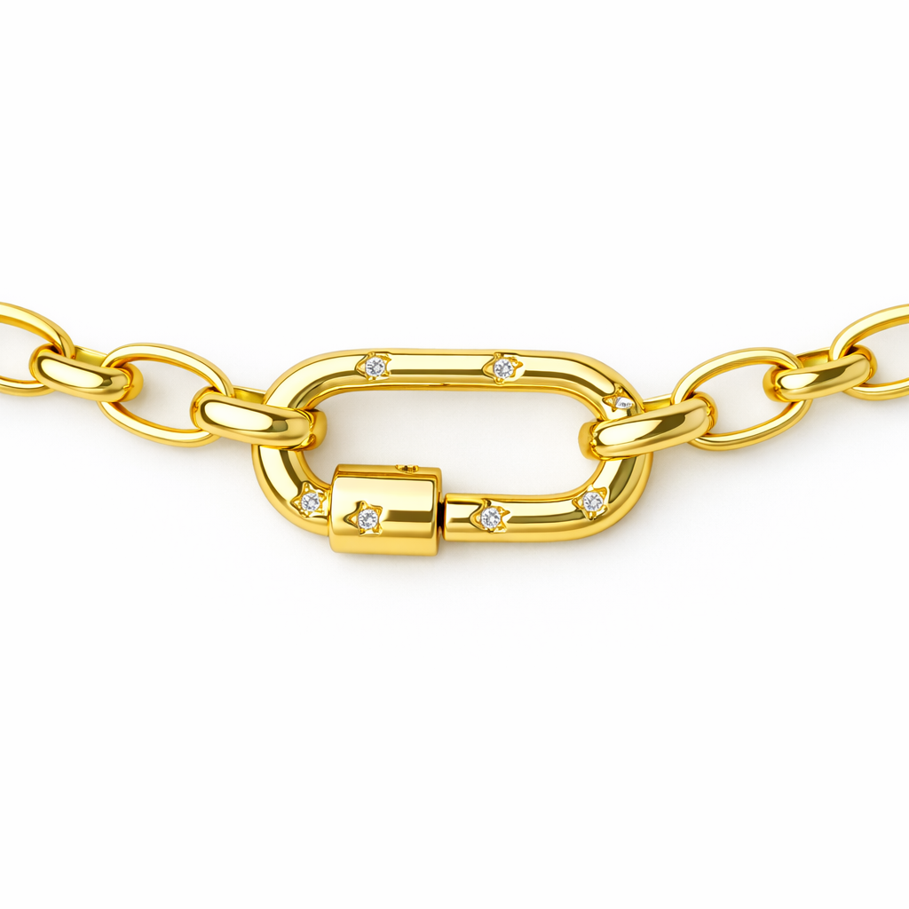 Collar Carabín Estrella – Baño de Oro 18K con Circones
