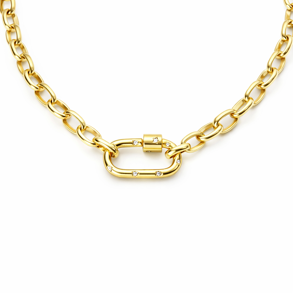 Collar Carabín Estrella – Baño de Oro 18K con Circones