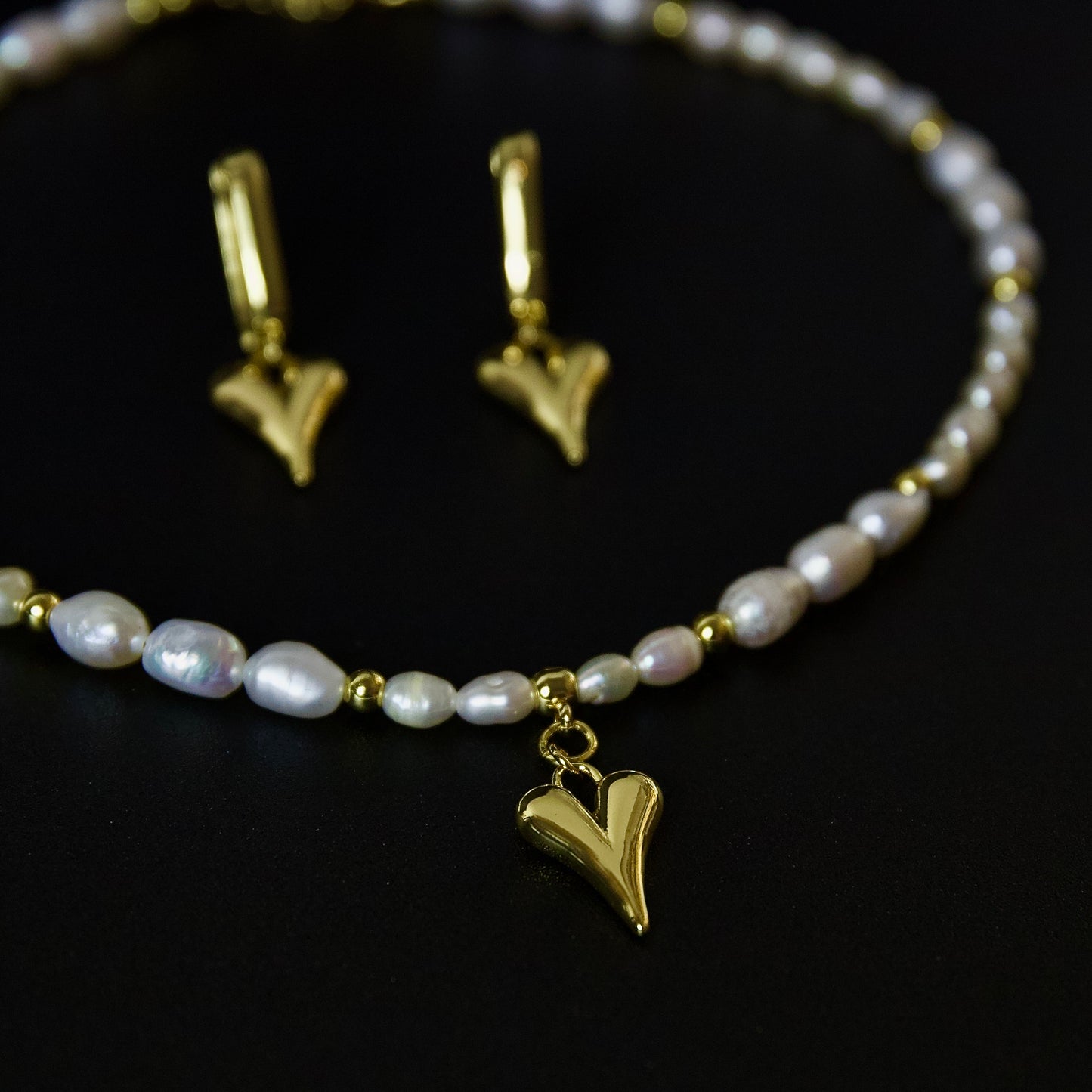 Set collar y aros con perlas     “Corazón Dorado”