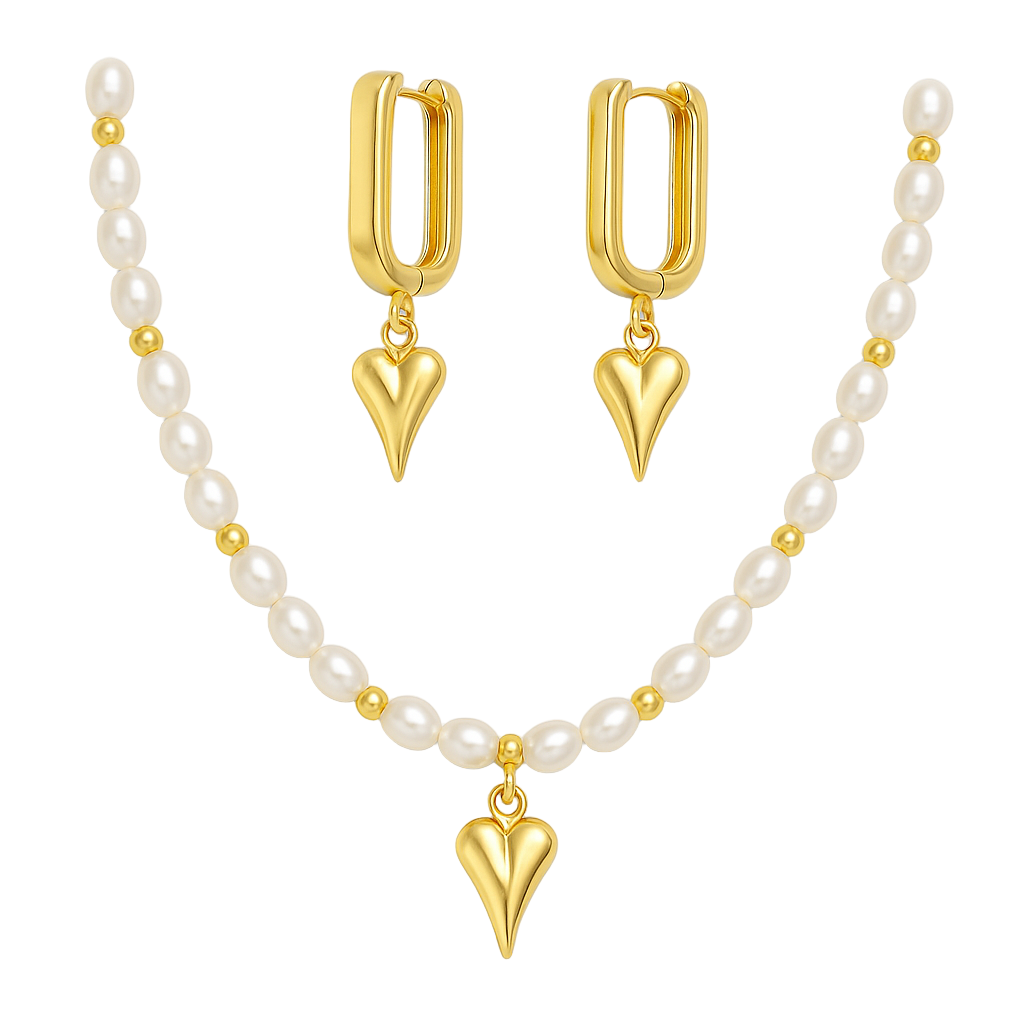 Set collar y aros con perlas     “Corazón Dorado”