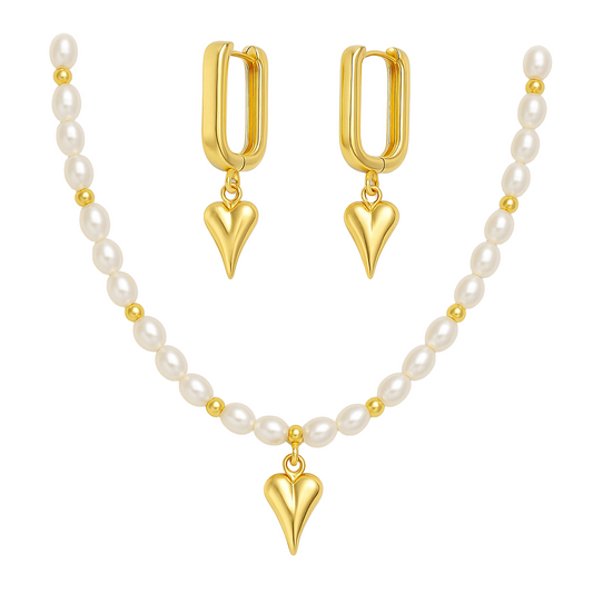 Set collar y aros con perlas     “Corazón Dorado”