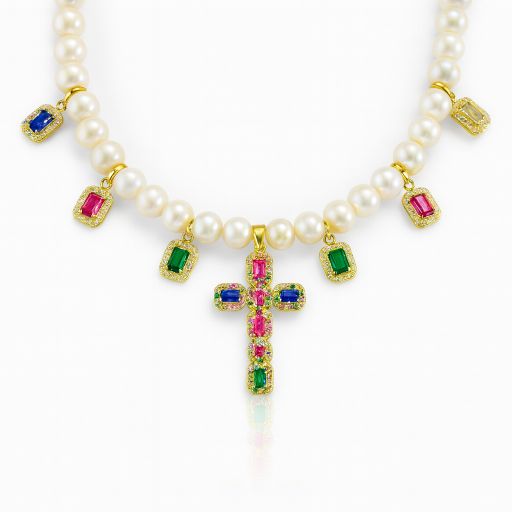 Collar de perlas con cruz de circonitas “Aura Sagrada”