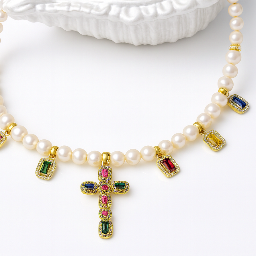 Collar de perlas con cruz de circonitas “Aura Sagrada”